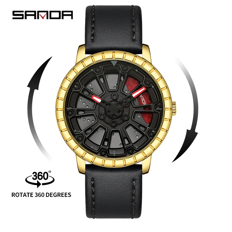 

SANDA P1058 2023 3D Designed Fashion New Design Men Sports Watch For F1 Fan Racing Auto Wheel Watches Leather Band Wristwatches