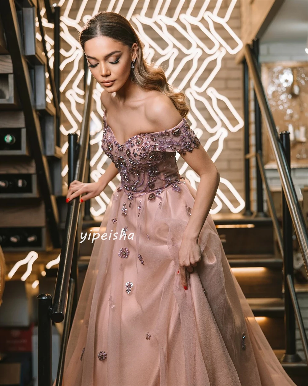  Evening Tulle Sequined Flower Beading Ruched Evening A-line Off-the-shoulder Bespoke Occasion Gown Midi Dresses