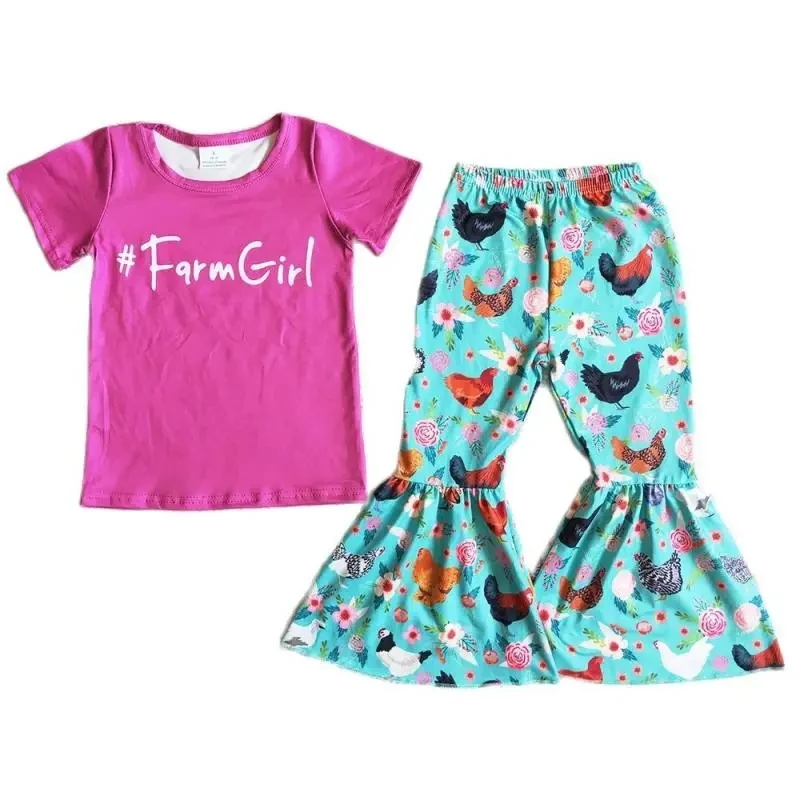 Wholesale Baby Girl Clothes Chicken Farm Boutique Kids Clothing Short Sleeve T-shirt Bell Pants Set Toddler Baby Outfits