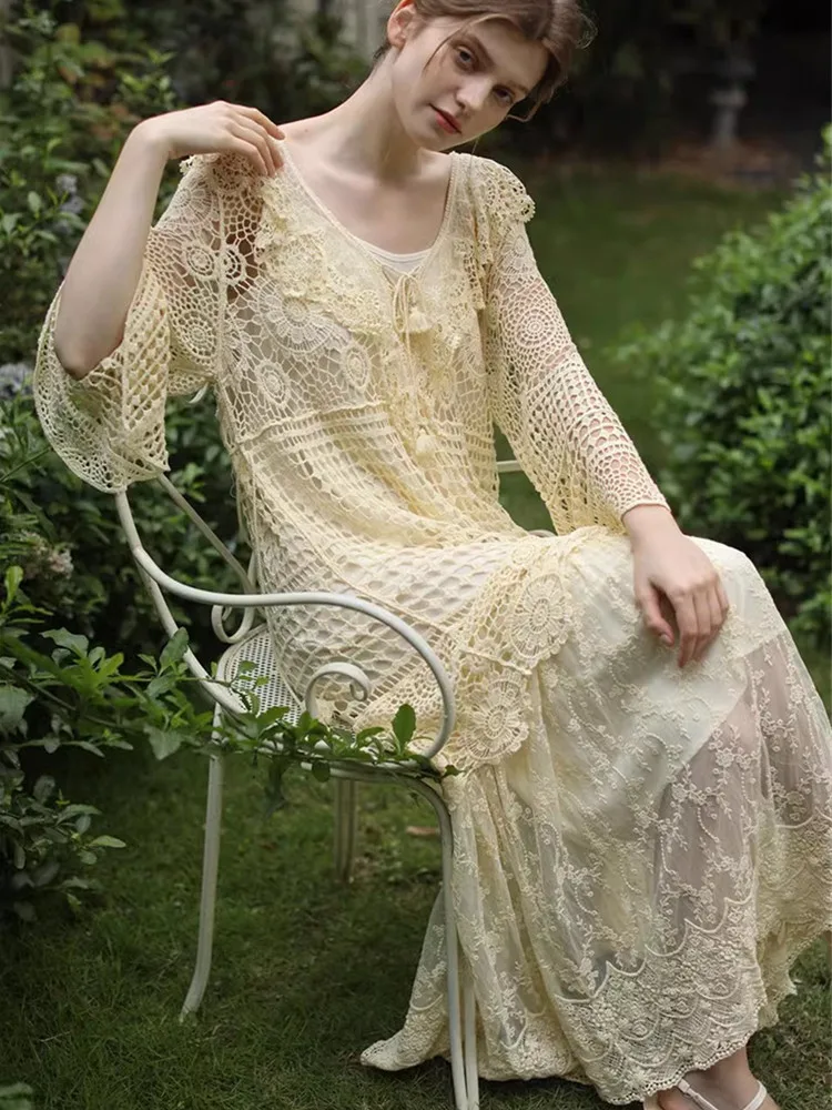 AIGYPTOS SpringSummer Maxi Dresses For Women Vintage Victoria Lace Long Dress Elegant Embridery Hollow Out Crochet Wedding Dress