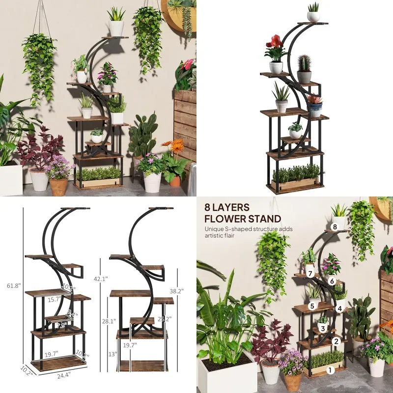8 Tier Plant Stand, 62" S-Shaped Plant Shelf, Carbonized Finish
