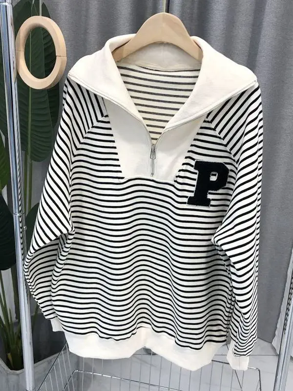 

plus Size Hoodie Women's Spring Casual Letter Print Loose Fit Zipper Splicing Stripes Stand Collar Long Sve Comfortable Br...