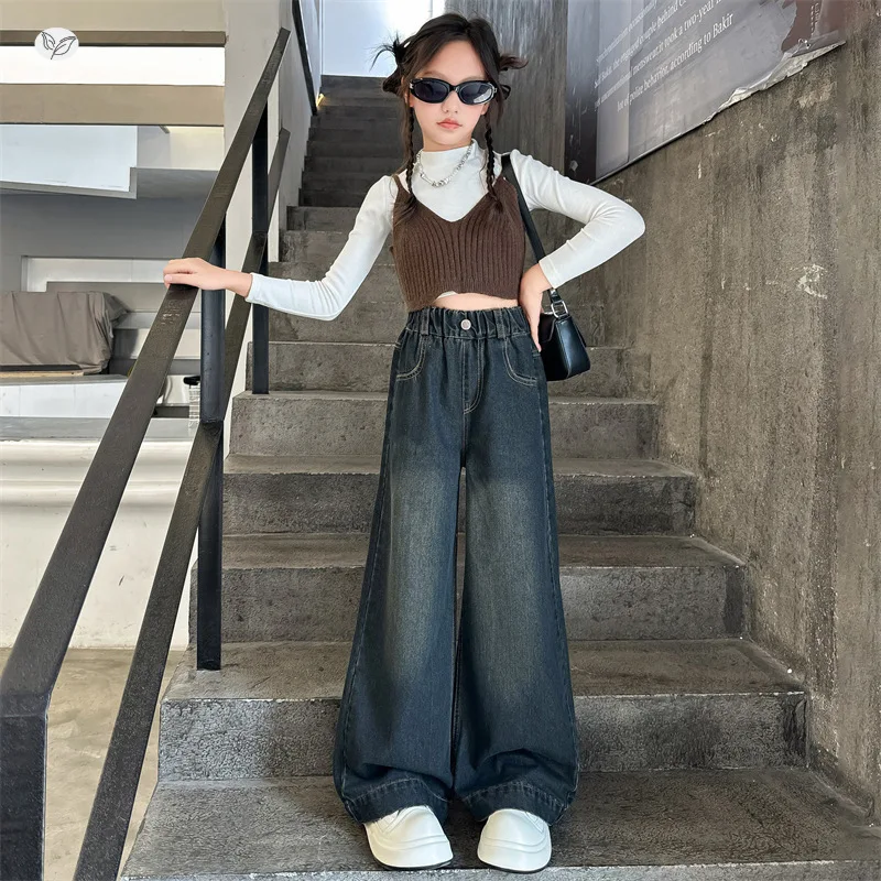 

Korean Casual Retro Black Denim Pants Fashion Elastic Waist Trousers For Kids New Teenage Girls Wide Leg Jeans Spring Autumn