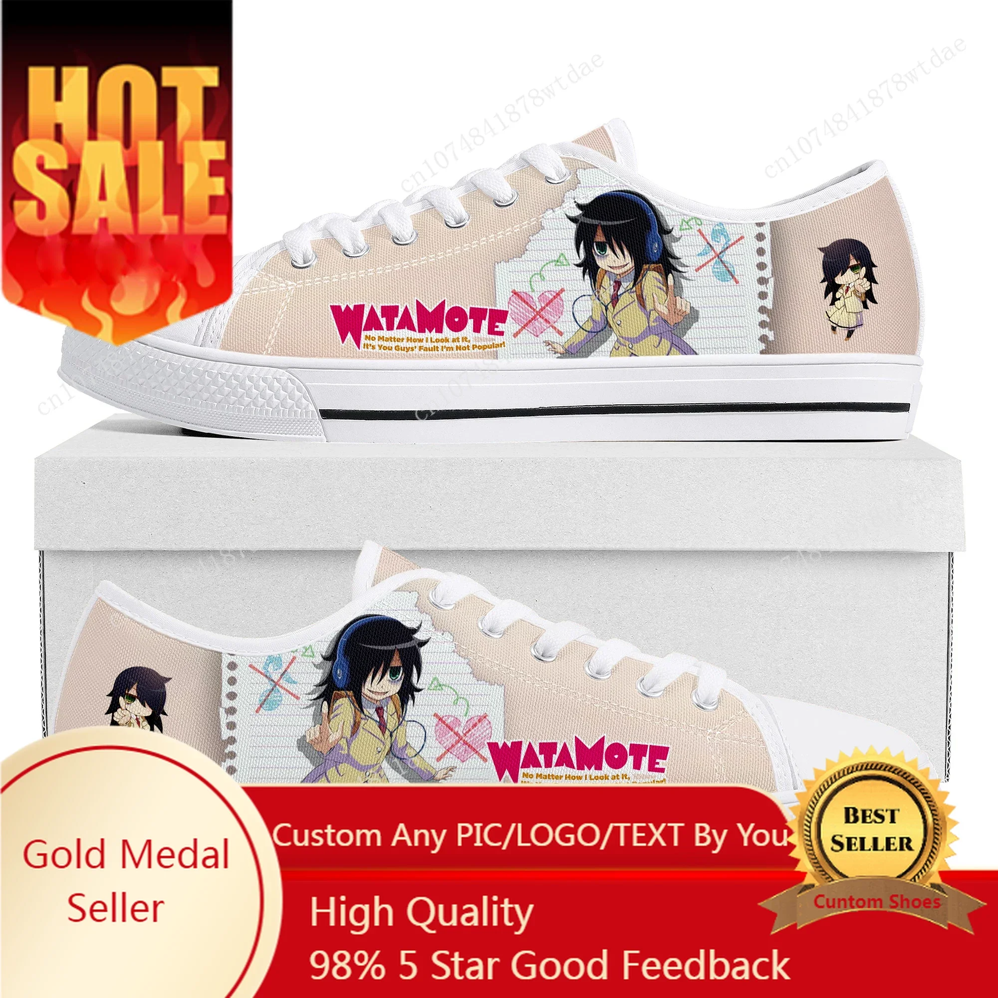 Watamote Kuroki Tomoko Sneaker wanita remaja, Sneaker kanvas kualitas tinggi, komik pasangan, sepatu buatan kustom