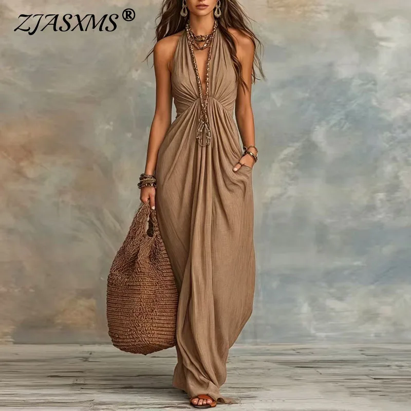 Boho Neckholder-Kleid mit Tiefem V-Ausschnitt Sexy Maxikleid für Damen Sommer Ärmelloses Loses Fließendes Langes Kleid Lässige Strandkleidung Urlaubskleid Vestido