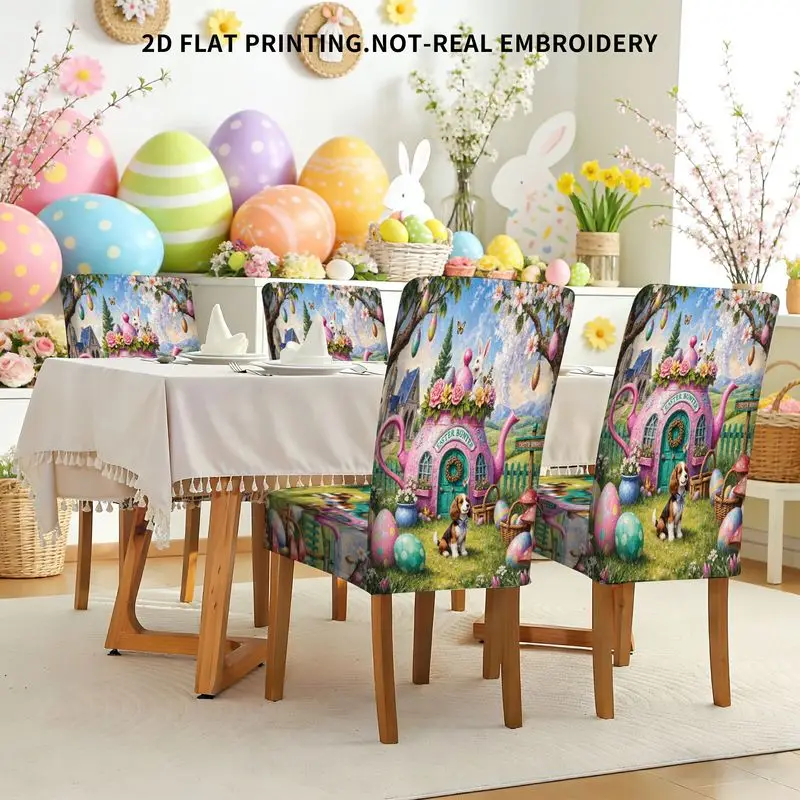 

Easter 2D Flat Print Elastic Dining Chair Set Easter Rabbit Teapot Cabin, Easter Egg Puppy Pattern