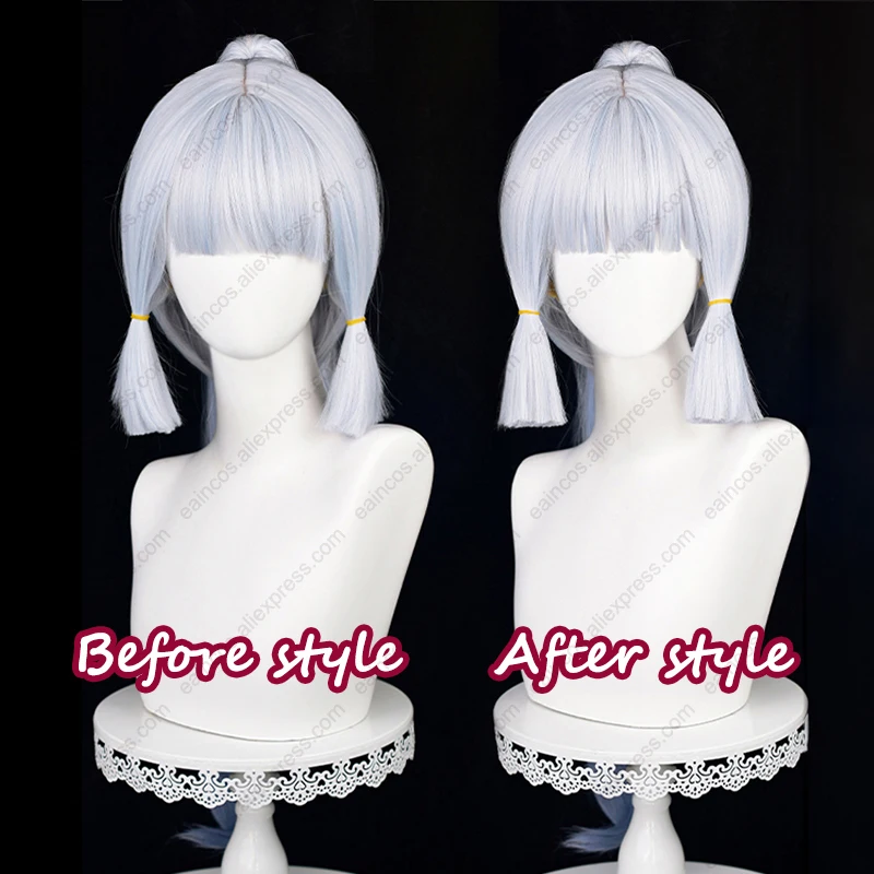 Kamisato Ayaka Cosplay Wig 75cm Long Silver Blue Ponytail Wigs Heat Resistant Synthetic Hair