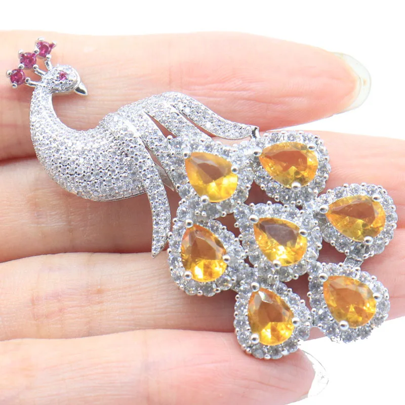 62x28mm Lonog big Heavy 14g Eye Catching Phoenix Shape Golden Citrine Pink Morganite CZ Women Silver Plated Pendant