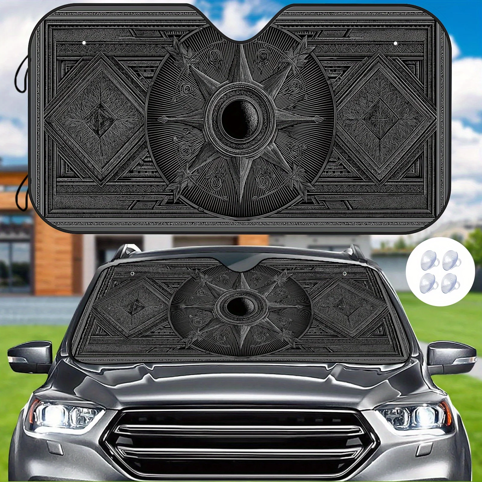 

Geometric Mystery Sunshade, Insulation And Cooling For A Cooler Interior With 4 Suction Cups, Featuring Vintage Mystical Art