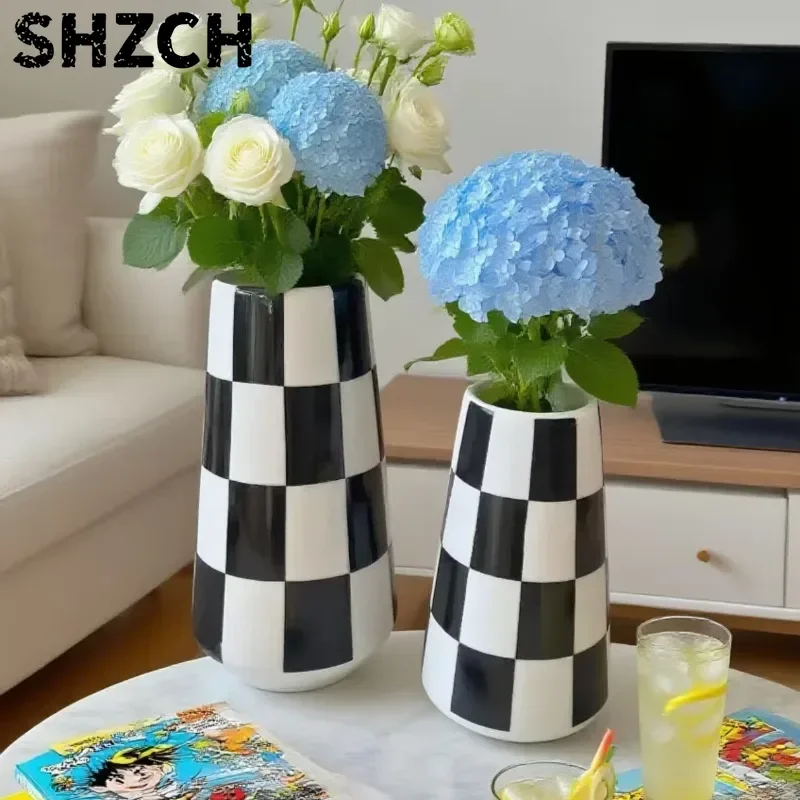Minimalist Black White Checkered Ceramic Vase for Home Decor, Bedroom Living Room Table Centerpiece