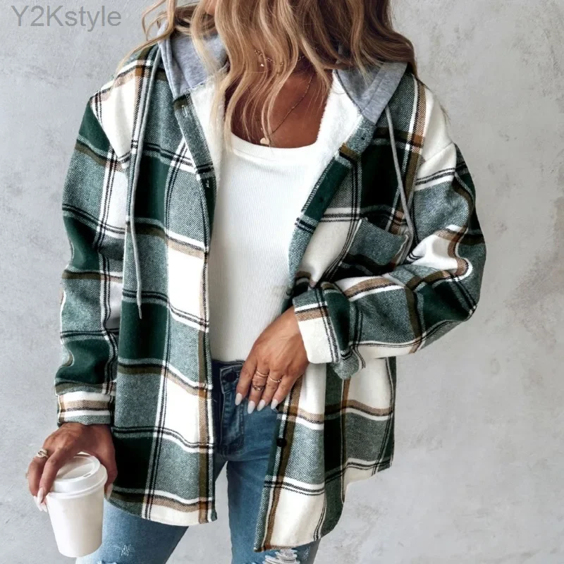 2024 New Autumn Winter New Fashion Women's Clothing Solid Color Plaid Hooded Jacket Casual