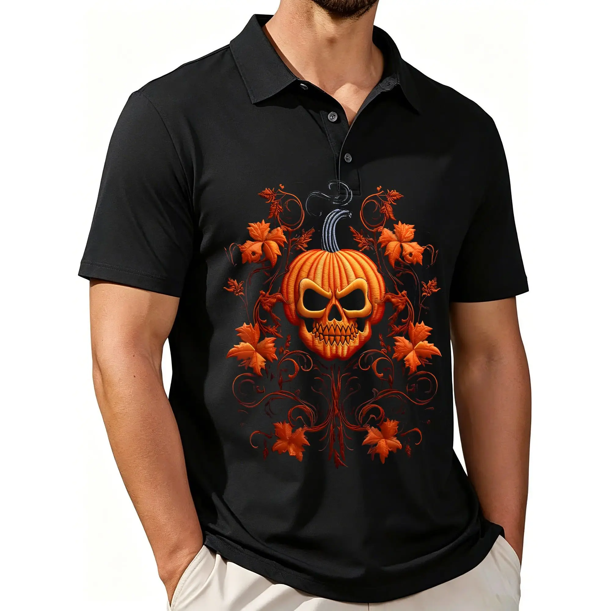 Men's Halloween Pumpkin Skull Polo Shirt