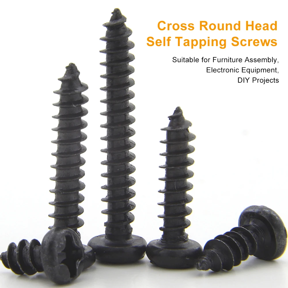 JUIDINTO 20-100pcs Black Carbon Steel Phillips Pan Head Self Tapping Screws M1 M2 M3 M4 M5 M6 Cross Round Micro Small Head Screw