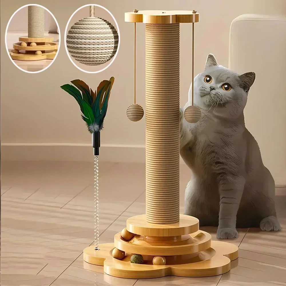 2024 NEW Pet Toy Solid Wood Cats Turntable Funny Cat Stick Balls Durable Sisal Scratching Board Cats Supplies Cat Grab Column