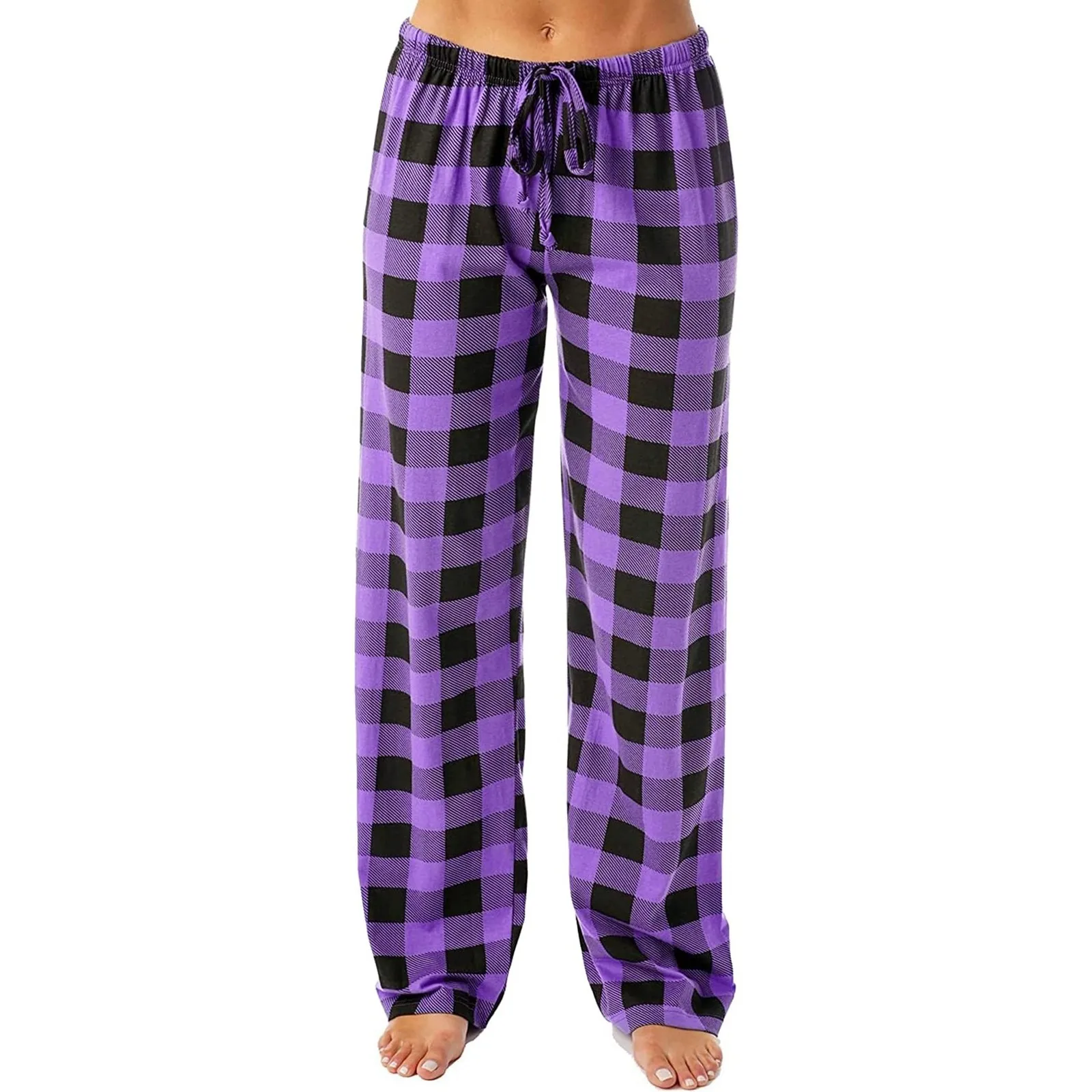 Women Pajama Pants Casual Comfortable Micro Elastic Plaid Home Pants Drawstring Elastic Waist Loose Wide Leg Trousers пижама