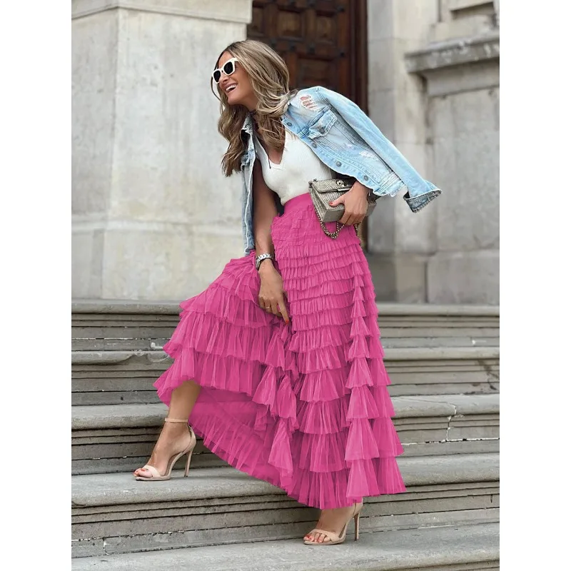 

Solid Multilayer Ruffle Mesh Skirt Y2k Tulle High Waist Pleated Tutu Skirt 2024 Elegant Ladies Wild Mesh Dating Maxi Skirts