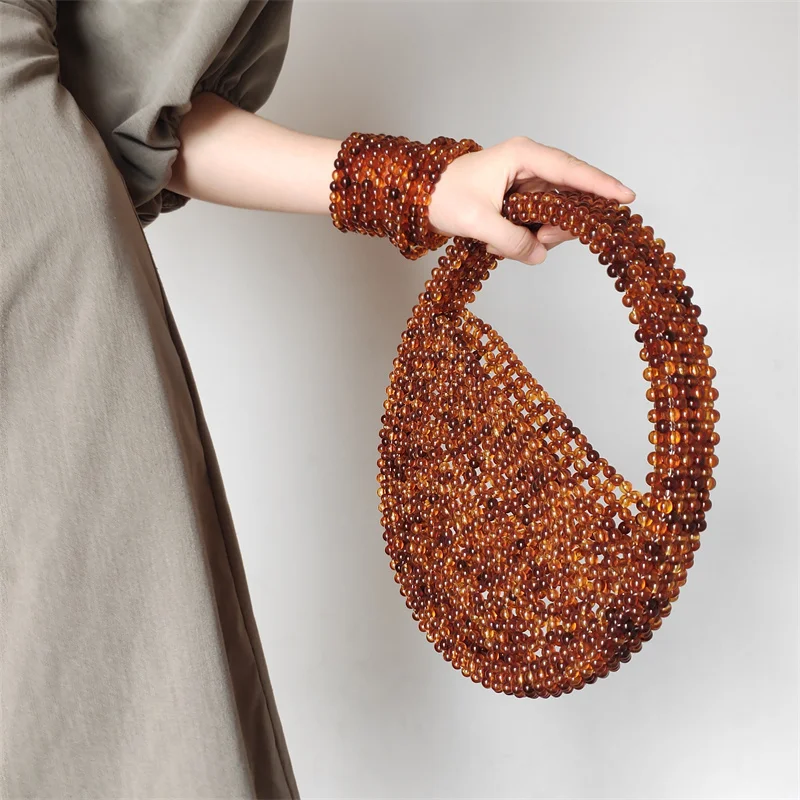 Fashion Acrylic Beading Women Handbags round Beaded Handbags Handmade Woven Summer Beach Tote Party Purses Tote bag