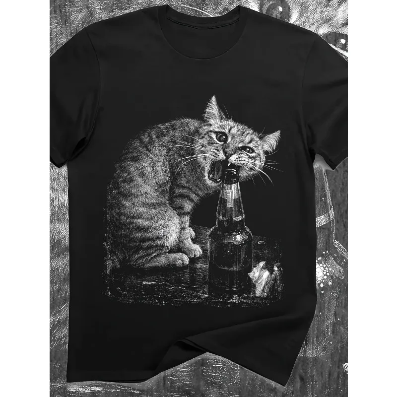 Interesting Drunken Cat Shirt Vintage Y2K Men's T-shirt Four Seasons New Style Unisex High Street T-shirt