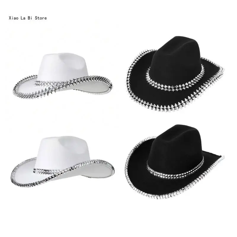 Adult Plain Color Cowboy Hat with Glitter Rivet Trim Woman Western Cowboy Hat Stage Performances Photography Hat