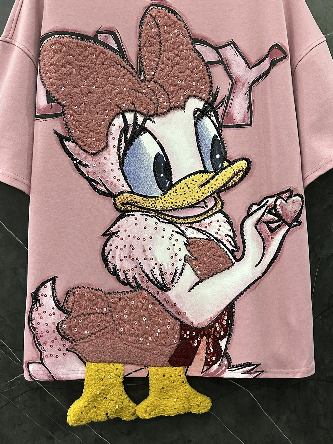 2025 Autumn New Heavy Industry Flocking Embroidery Cartoon Short Sleeve T-Shirt for Women Loose Casual Sweet Style Pink Top