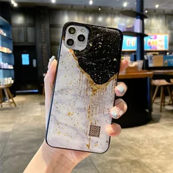 Luxury Glitter Gold Foil Chic Marble Texture Silicone Phone Case For iPhone 16 15 14 13 12 11 Pro Max Plus Shockproof Back Cover