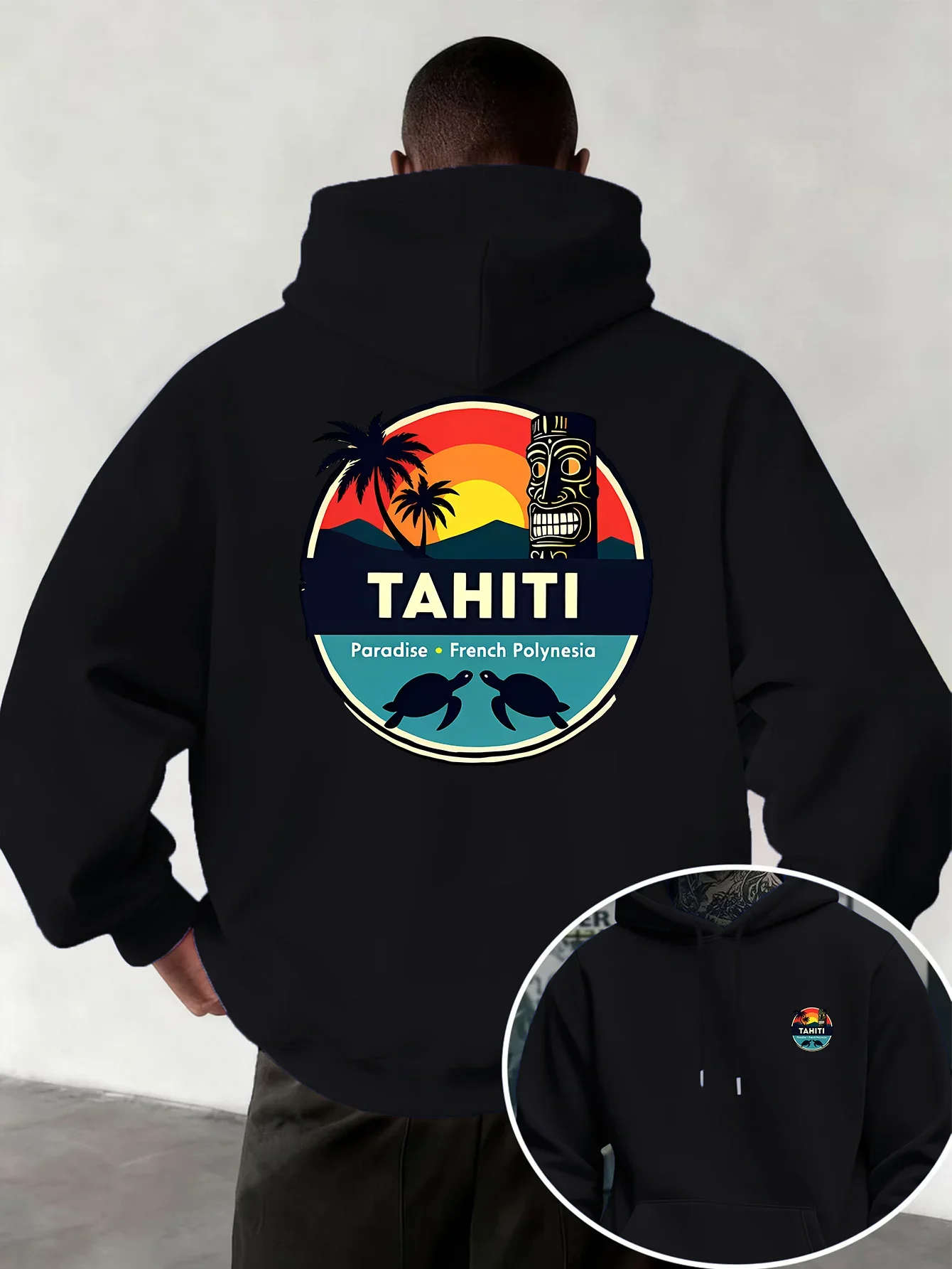 Men's Trendy Hooded Sweatshirt TAHITI Tiki Totem Sea Turtle Double-Sided Creative Print Everyday Basic Simple  Top Sporty