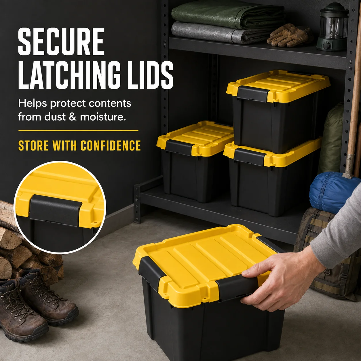 5 Gallon Black Plastic Latching Storage Bin with Lid 4‑Pack Stackable Heavy‑Duty Storage Tote Containers Organizer for Garage Basement Household Supplies