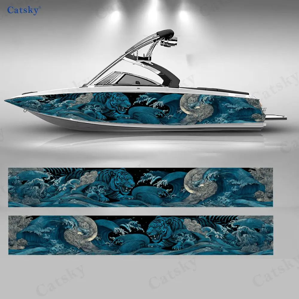 Ukiyo-e Style Tiger & Dragon Soaring Boat Sticker, PVC Waterproof Vinyl Wrap Decals for Fishing Boat, Durable and Stylish Design