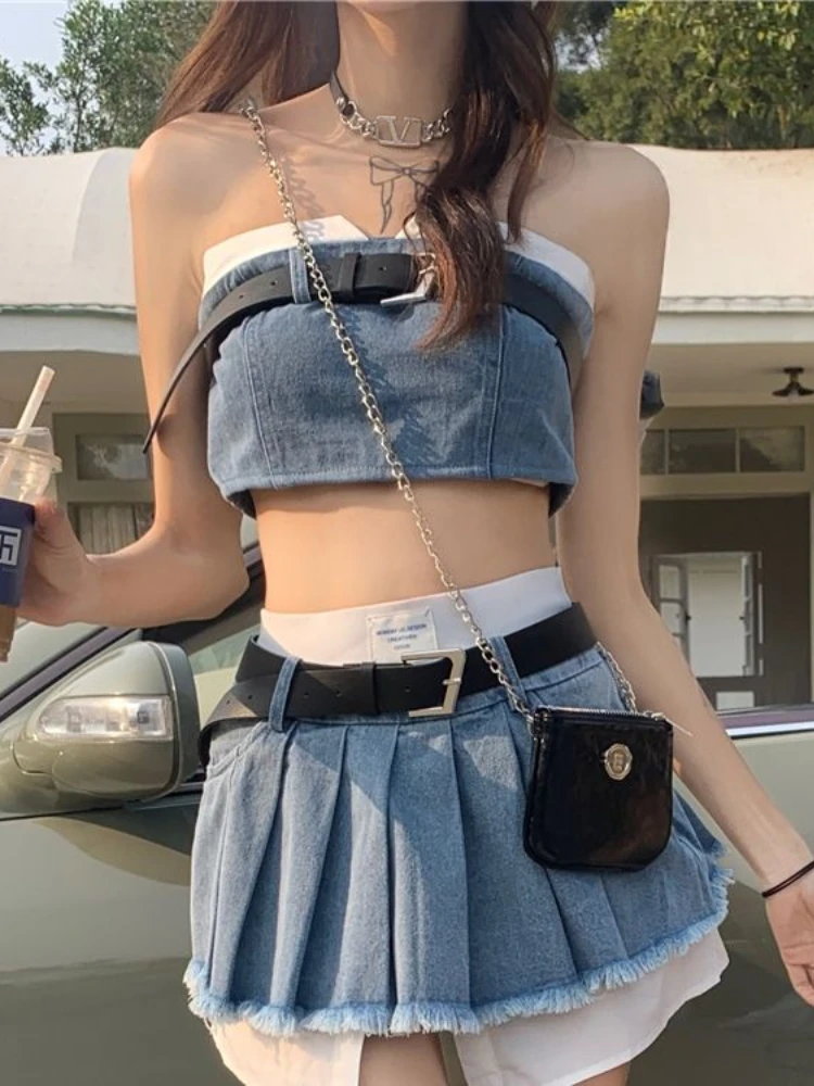 Streetwear Gyaru Matching Sets Tube Top Crop Tops High Waist Belt Pleated Patchwork Skirts Y2k 2000s Female Slim Two Piece Set