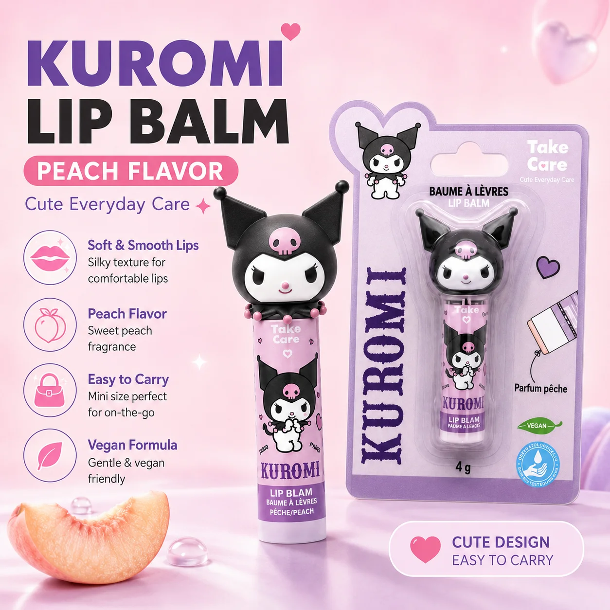 Balsamo per labbra Kuromi, simpatico balsamo idratante con testa di personaggio 3D, trattamento per labbra, rossetto idratante, set regalo portatile di trucchi kawaii, 3 pezzi, cosmetico di bellezza