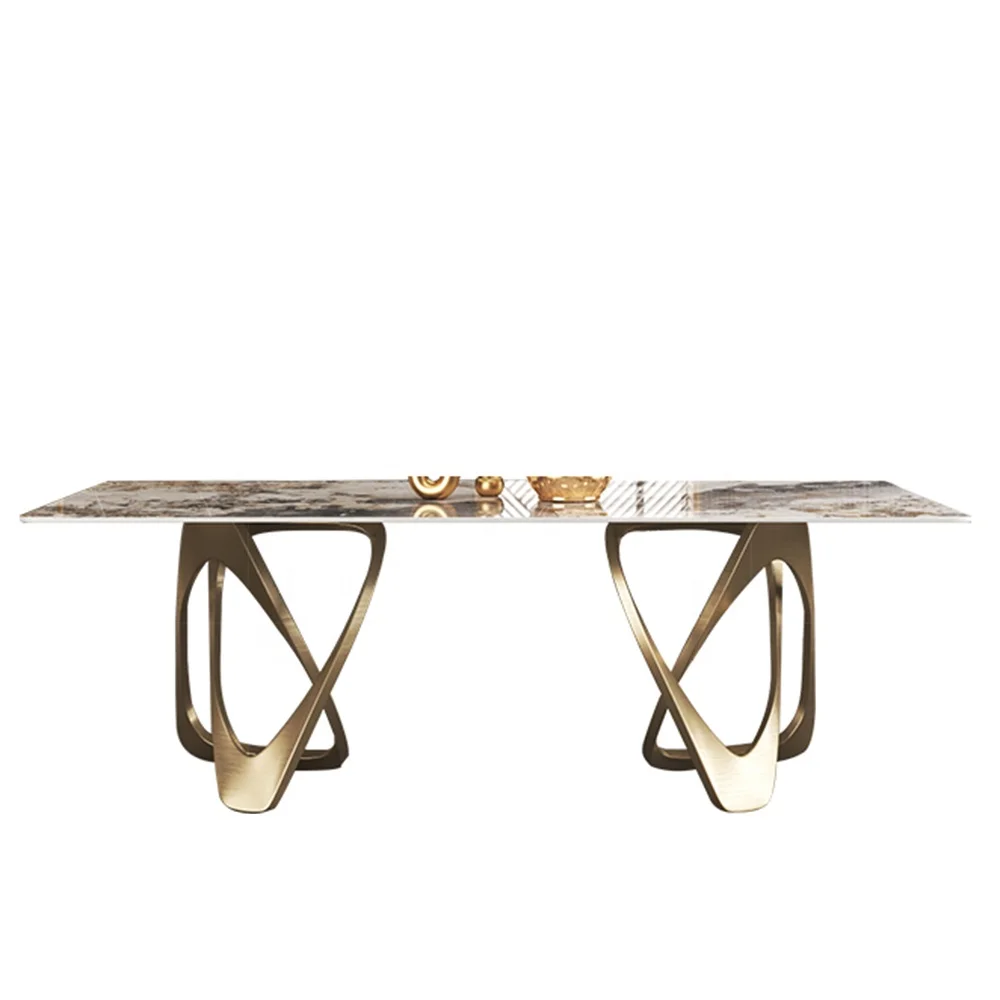 Gold Stainless Steel Marble Dinning Table Luxury Modern Metal Brushed Furniture