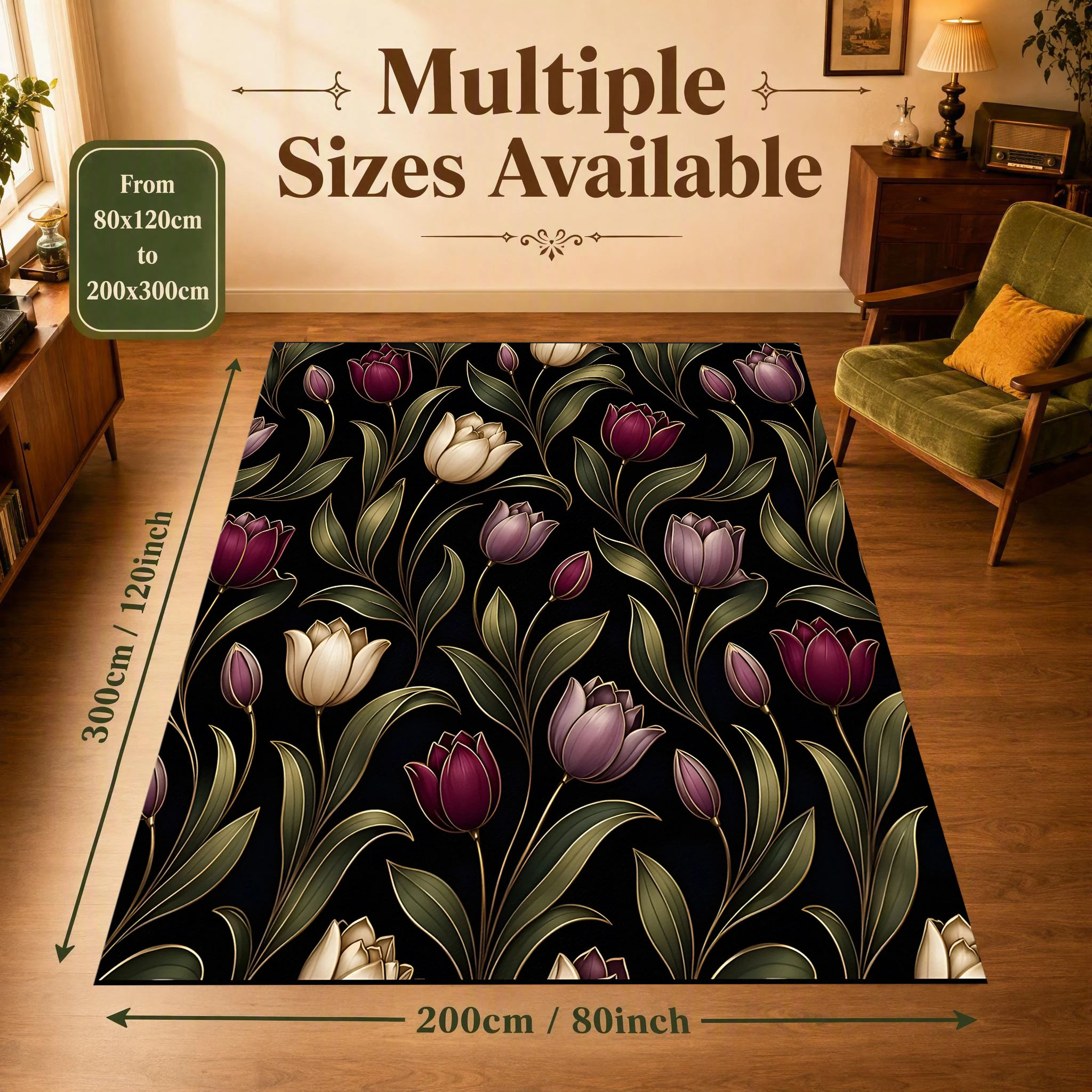2D Carpet with Dark Tulip Print in French Retro Style for Living Room and Bedroom