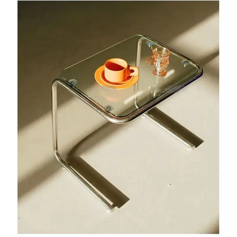 Nordic Modern Tempered Glass Side Table Stainless Steel Frame C Shape for Living Room Bedroom Bedside Coffee Shop