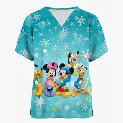 Kobiety Pielęgniarka Uniform T-Shirt Casual Disney Myszka Miki Minnie Wesołych Świąt Nadruk Krótki rękaw Wzorzysta bluzka robocza