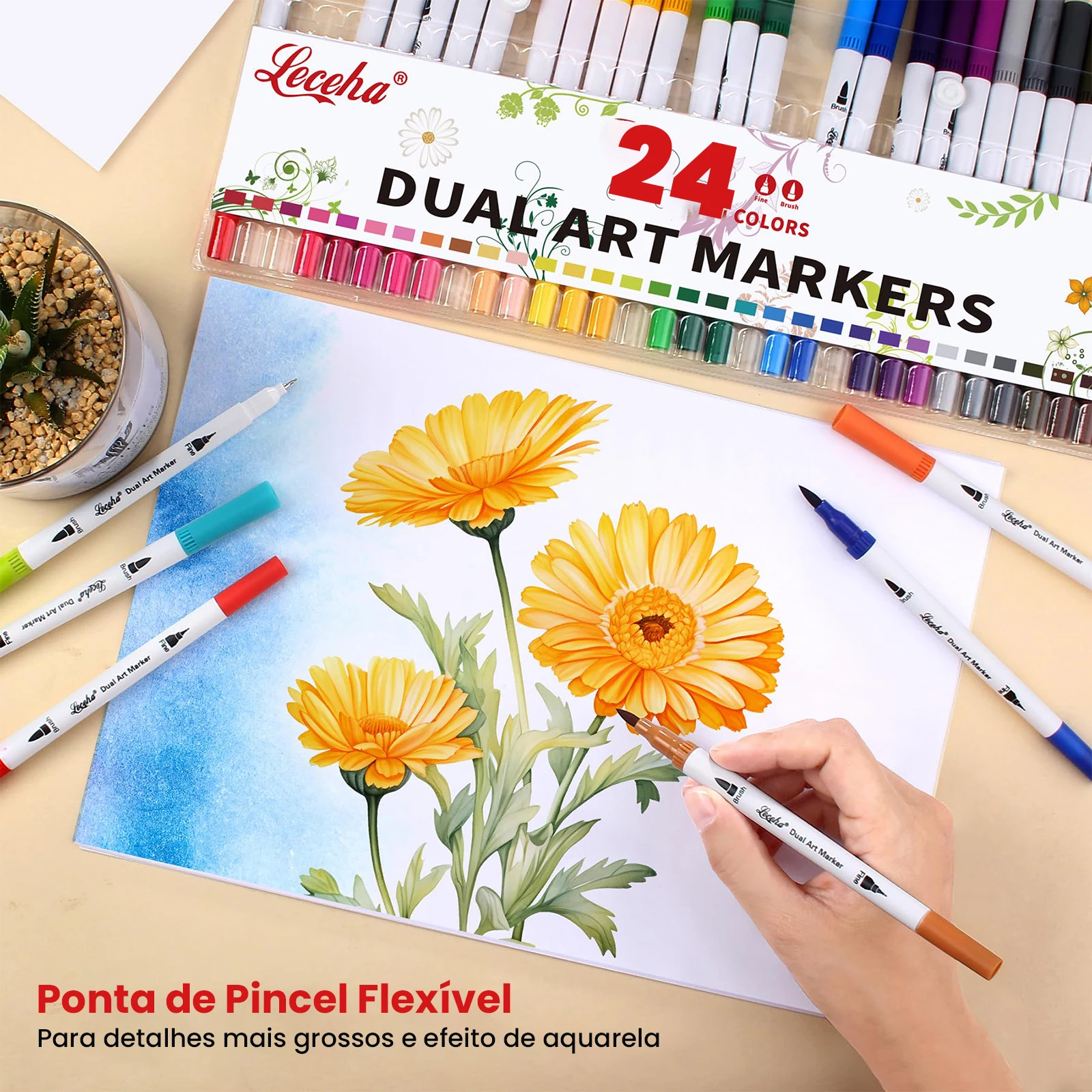 Kit de Canetas Artísticas 2 em 1 com Ponta de Pincel e Ponta Fina, 60 Cores para Lettering, Desenho e Ilustração