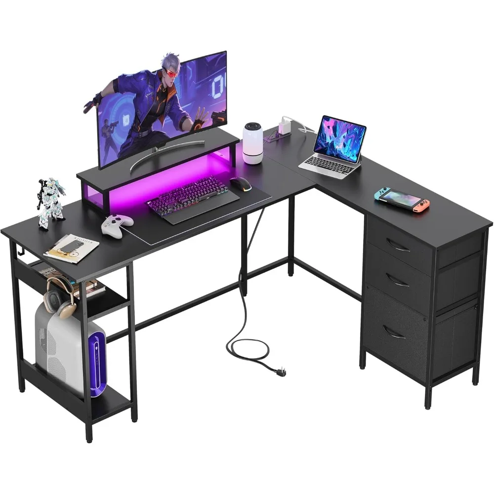 

60 inch L-shaped gaming table with drawers and storage space, L-shaped gaming table with LED lights, computer desk