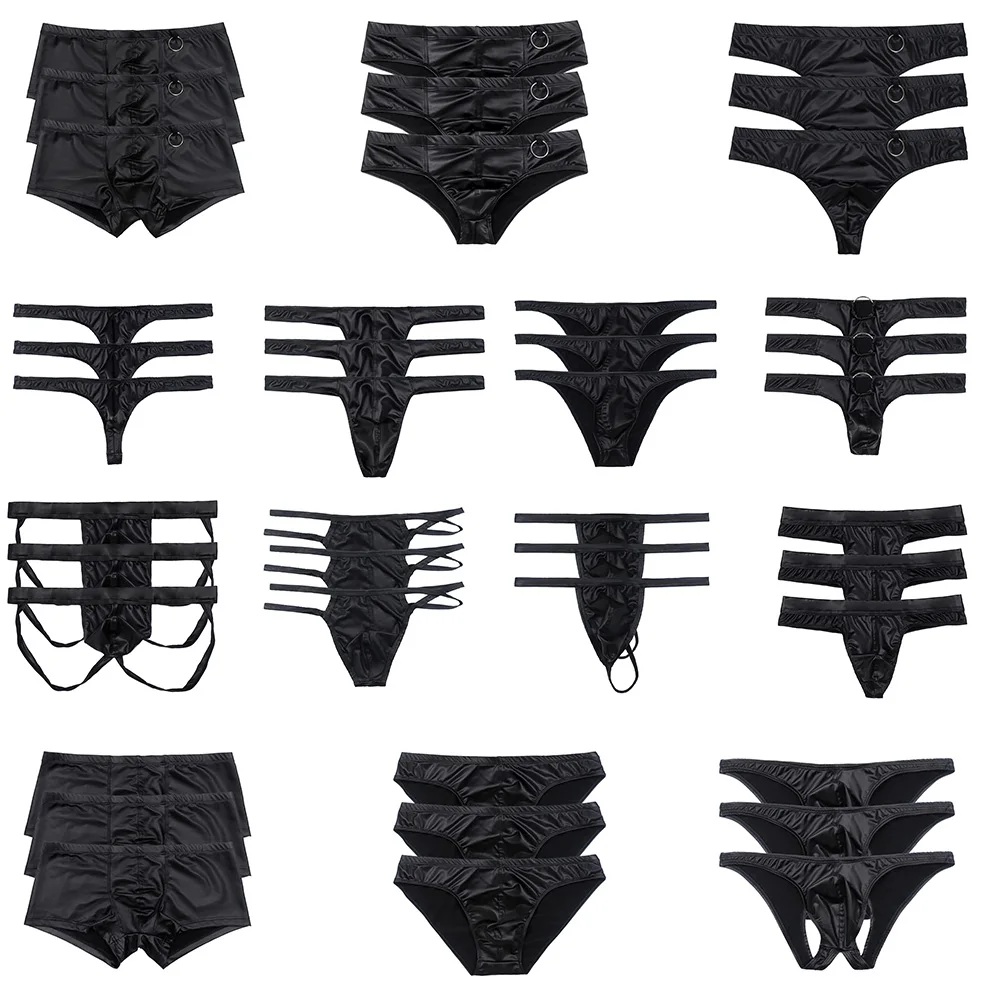 

3 шт./упак., мужские эротические стринги с низкой талией, плавки, сексуальное нижнее белье из искусственной кожи, стринги, черные трусы-бикини, трусы-боксеры