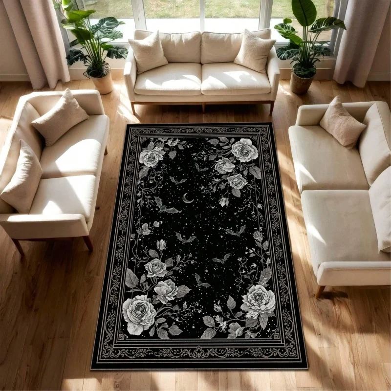 Vintage White Rose Bat Crescent Moon Star Black Border Print Large Area Rug Soft Flannel Non Slip Floor Carpet for Living Room
