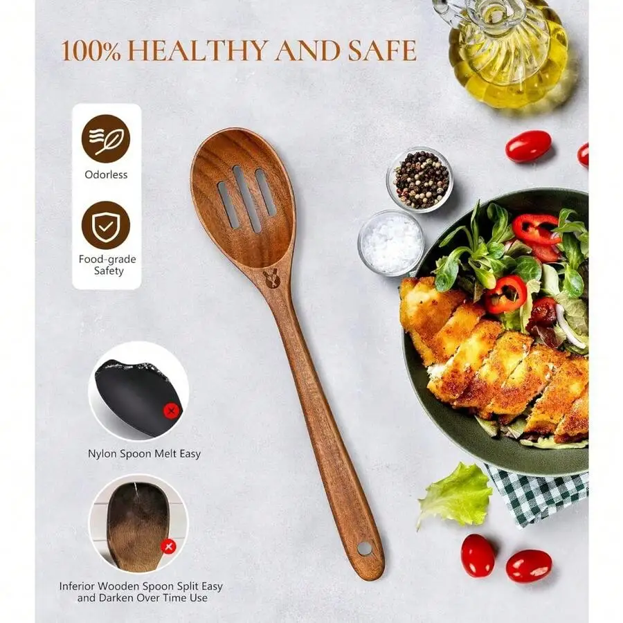 

Large Teak Wood Slotted Spoon For Nonstick Cookware Heat Resistant Cooking Serving Mixing Utensil