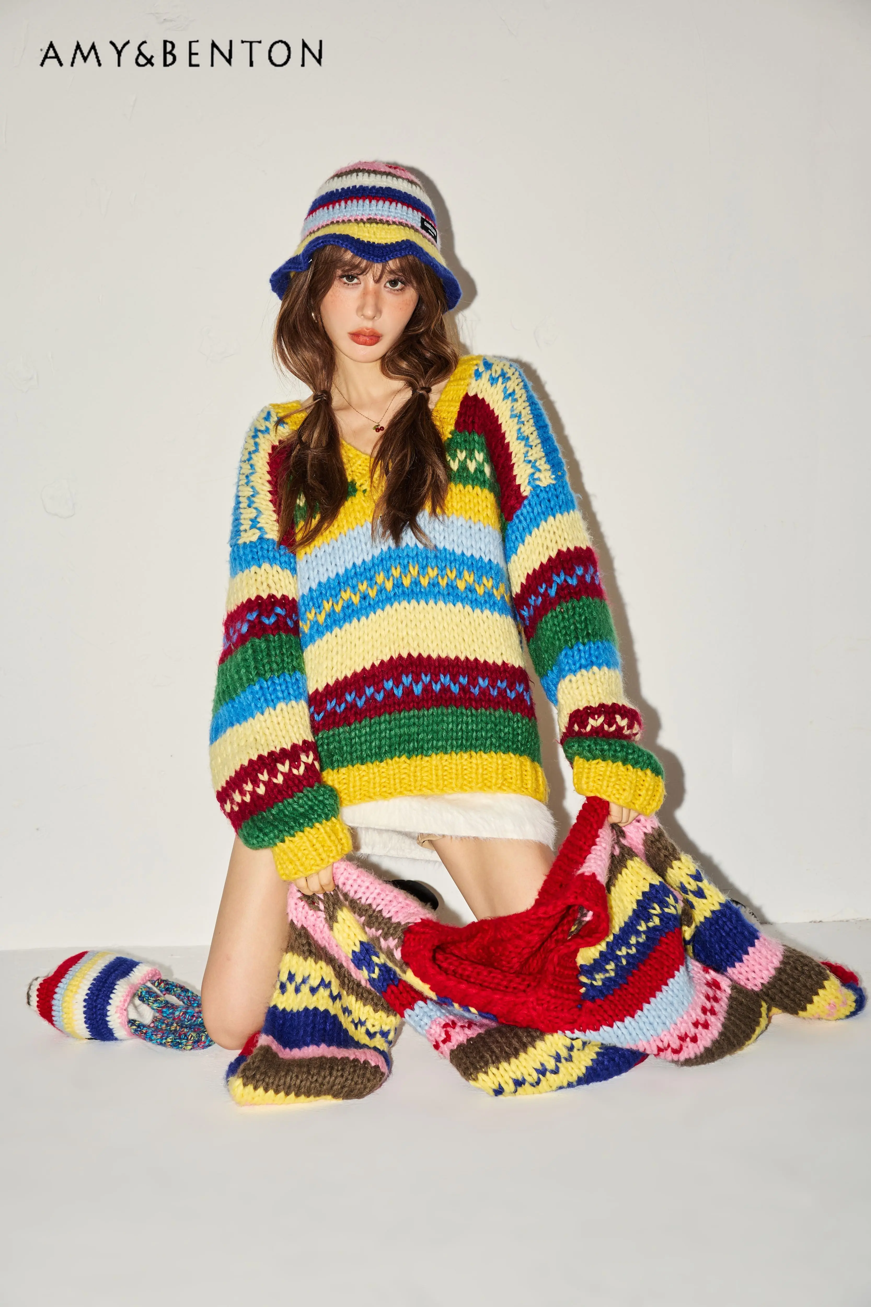

2025 Spring and Autumn New Small Size Casual Style Striped Color Block V-Neck Soft Comfortable Regular Loose Sweater