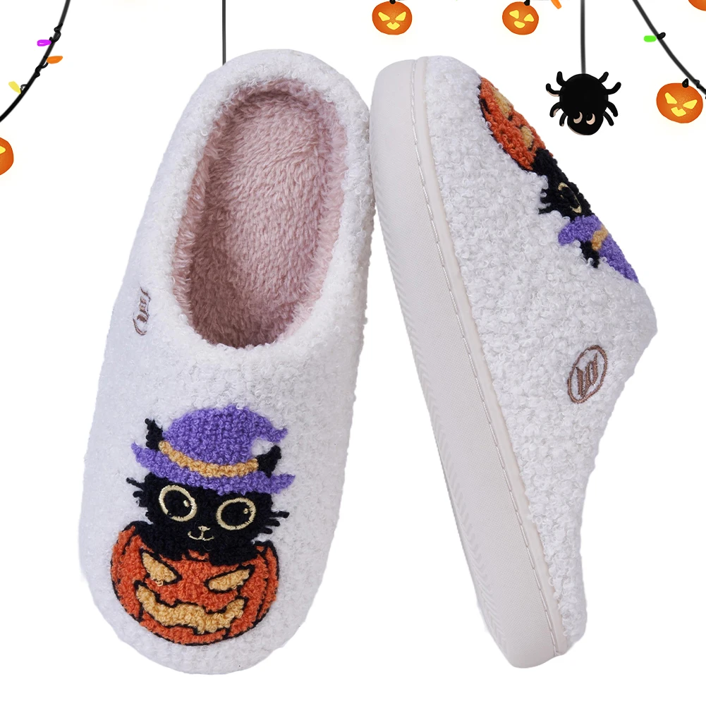 

Теплая домашняя обувь без шнуровки с черным котом и тыквой, удобные мягкие меховые тапочки, нескользящие нечеткие тапочки с закрытым носком для домашней спальни