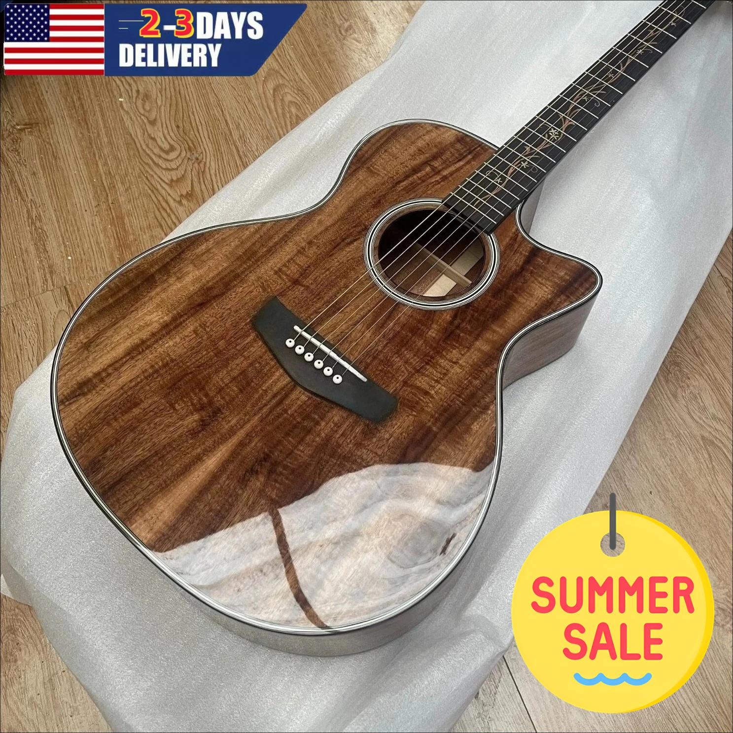 Featured Corner Cutting Design K Series 24 Acoustic Guitar Full KOA Ebony Printed Fingerboard Folk Style Available in Stock