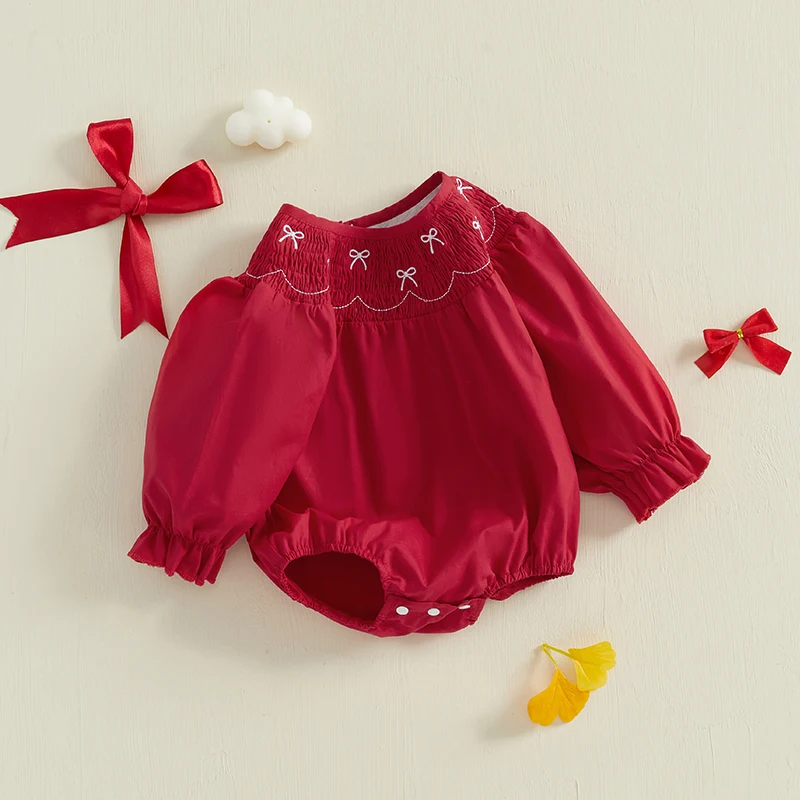 Newborn Toddler Baby Girl Clothes Bow Embroidery Crew Neck Smocked Long Bell Sleeve Bubble Romper