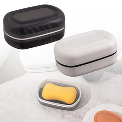 1pc Soap Box With Lid Travel Reusable Dish Holder Container Soap Case Bathroom Accessories PP Double Layer Drainage Net Handle