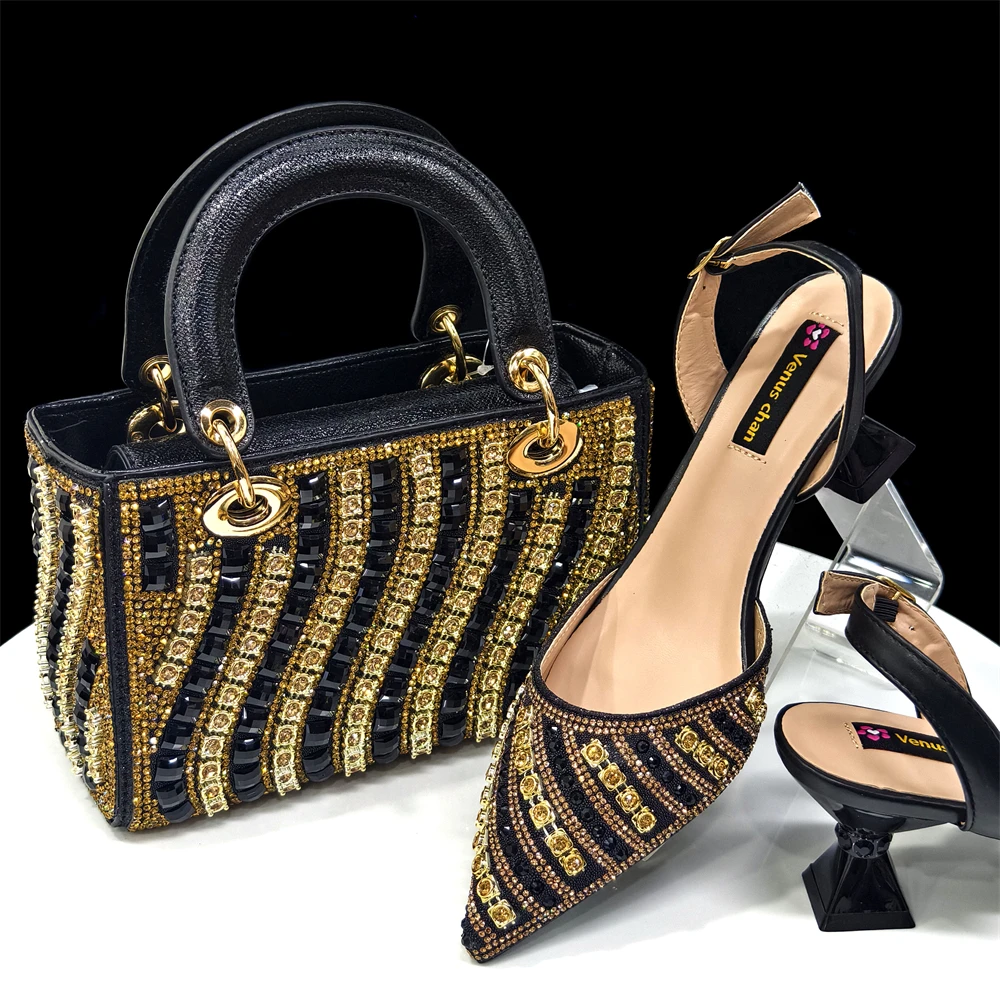 Venus Chan Italian Design Rhinestone-encrusted Ladies Party Women Shoes And Bag Nigeria Gold Mini Bag Women High Heels