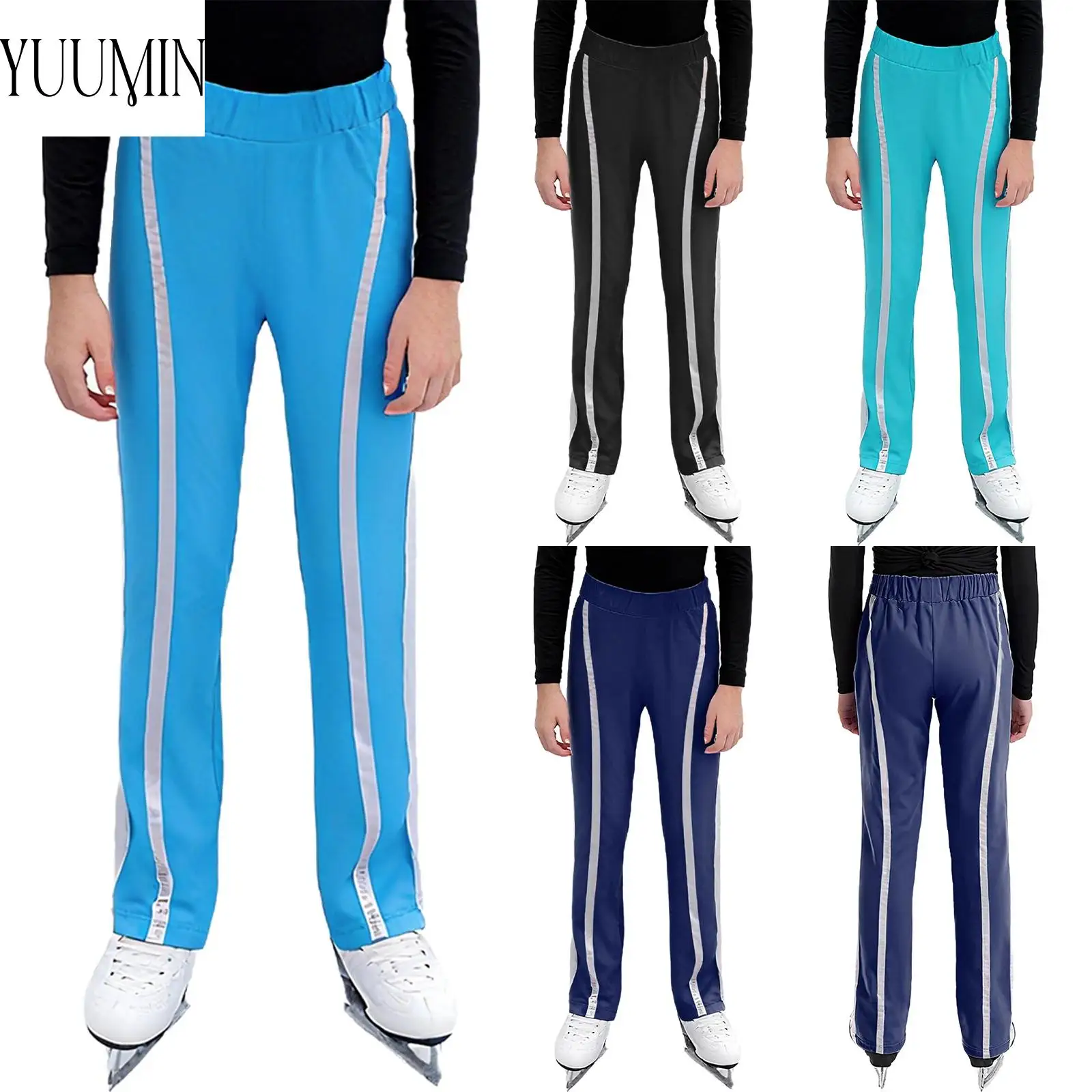 

Детский костюм для фигурного катания на коньках для мальчиков, эластичный пояс, брюки с металлическими полосками для катания на роликовых коньках, танцевальная одежда для выступлений