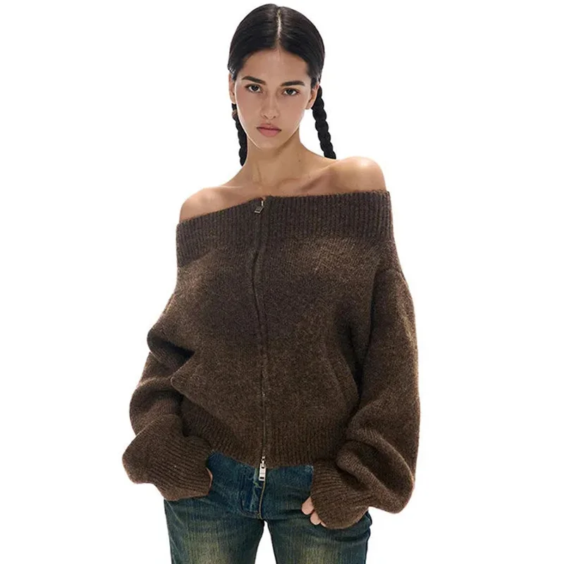 

Sexy Off Shoulder Y2K Cardigan Women Vintage Streetwear Long Sleeve American Knitted Sweaters Harajuku Slash Neck Tops Coats New