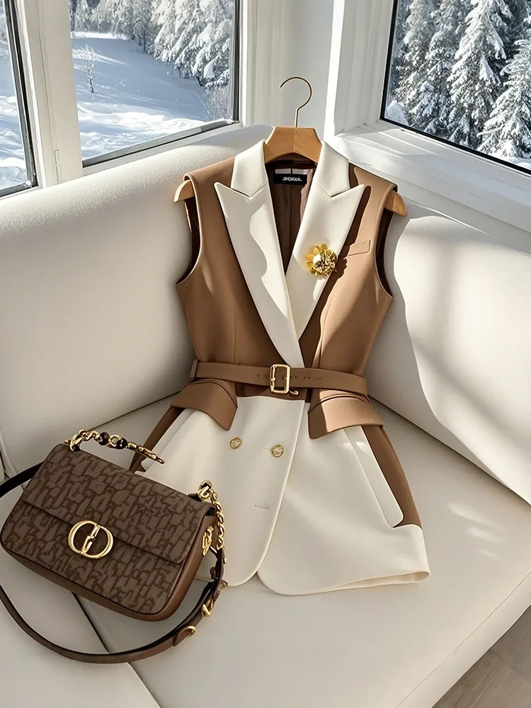 Women's Brown & White Sleeveless Blazer Double Breasted, Belted Waist, Multiple Sizes Available, Formal Workwear