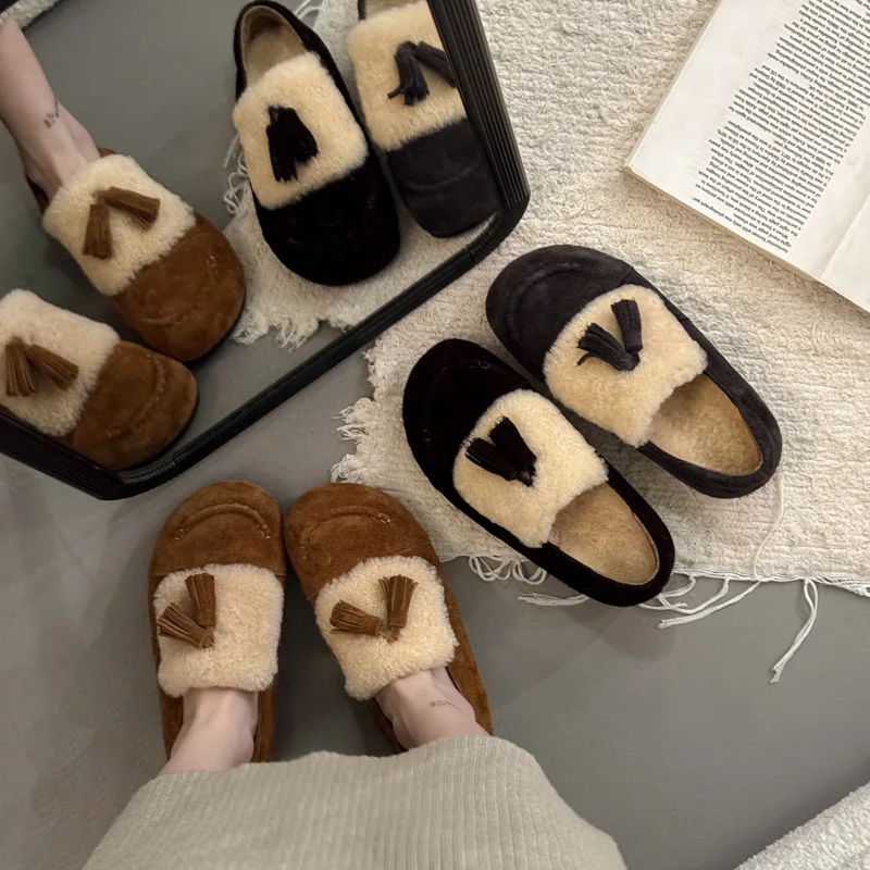 شتاء جديد صوف الضأن حذاء من الجلد للنساء ، شرابة سميكة سوليد الإسفنج كعكة وأحذية خفيفة بدون كعب النساء #2