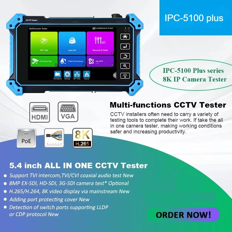 IPC-5200/5100 CCTV IPC Tester 8K IP Camera Test HDMI VGA 8MP AHD CVI TVI Test UTP Cable Testing IP Camera Tester